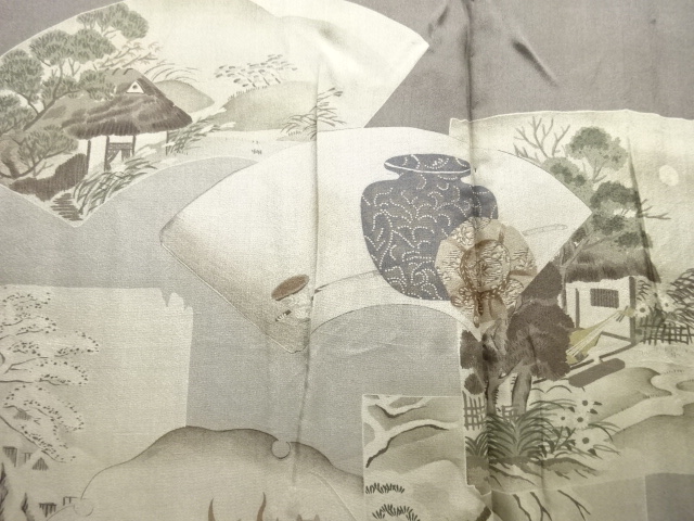 アンティーク　色紙に風景・龍模様肩裏男物羽織